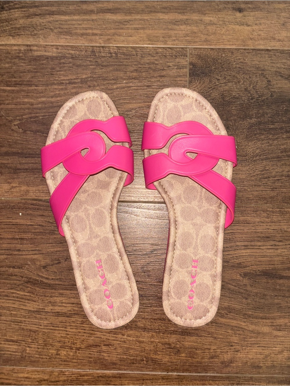 Coach Hot Pink Leather Slide Sandals with Signature Canvas Footbed